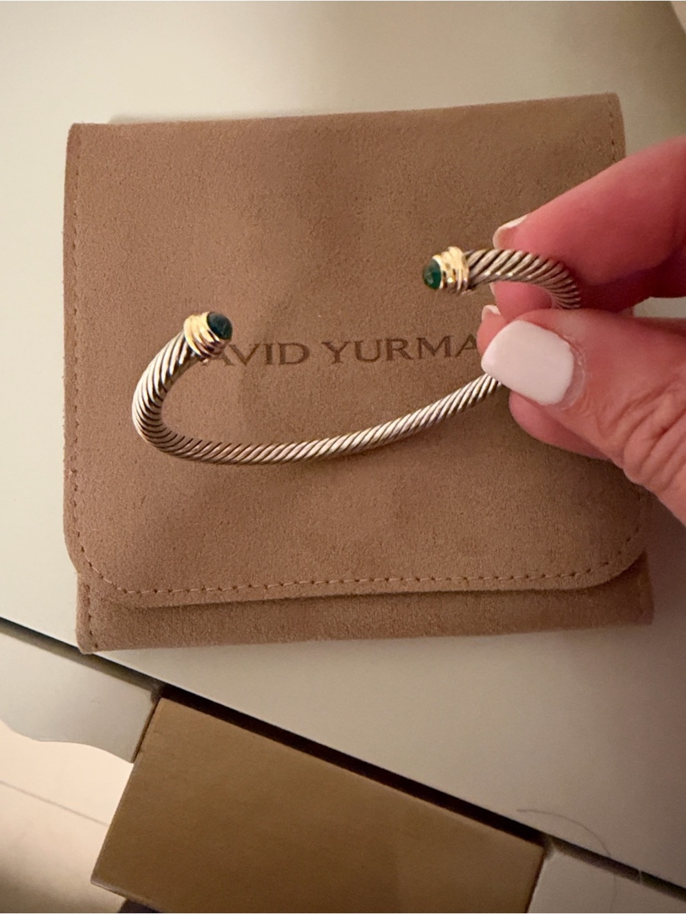 David Yurman Cable Classic Open Cuff Bracelet with Emerald Tips - Silver & Gold